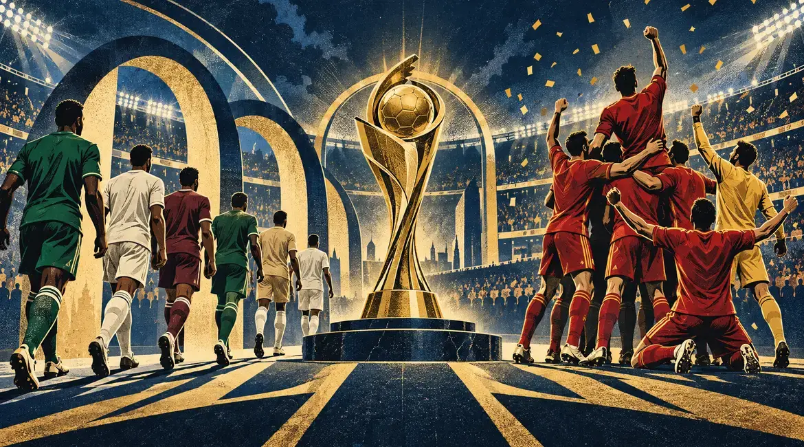 Screen-print illustration of Arab footballers’ tournament run and Spain celebrating the 2026 world title