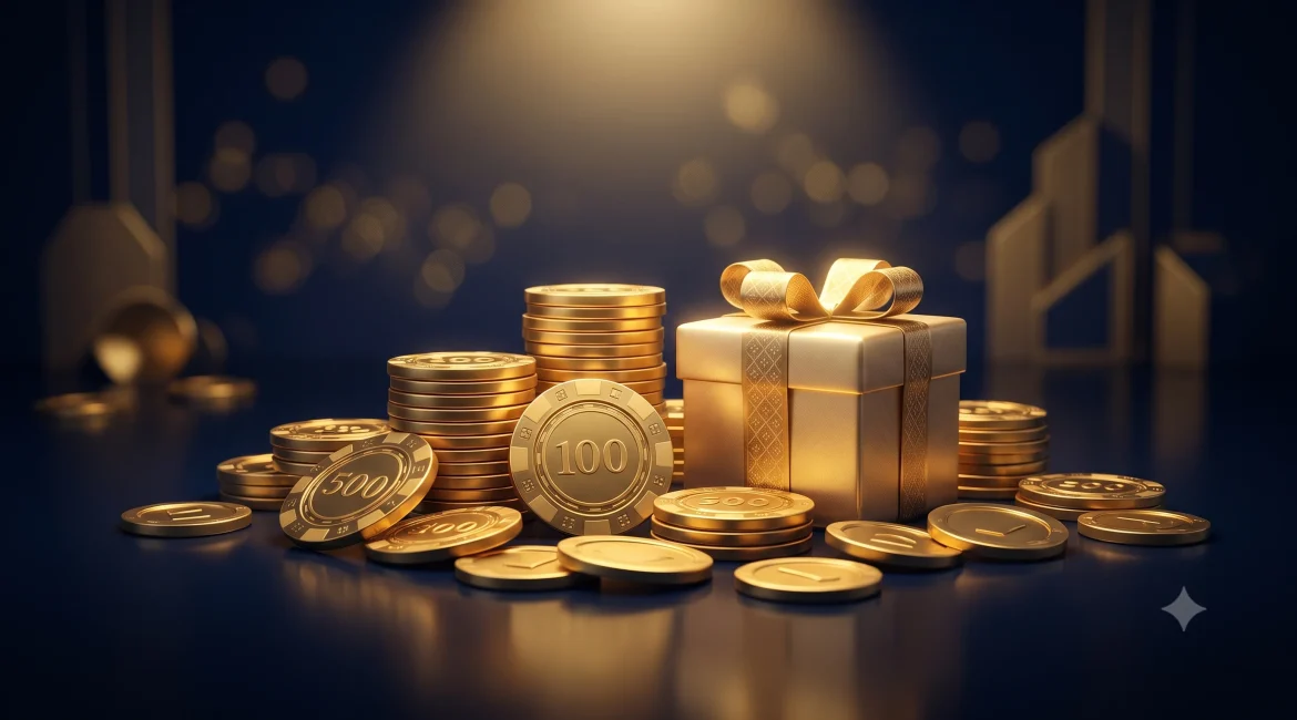 casino bonus concept with gold chips, coins, and a gift box