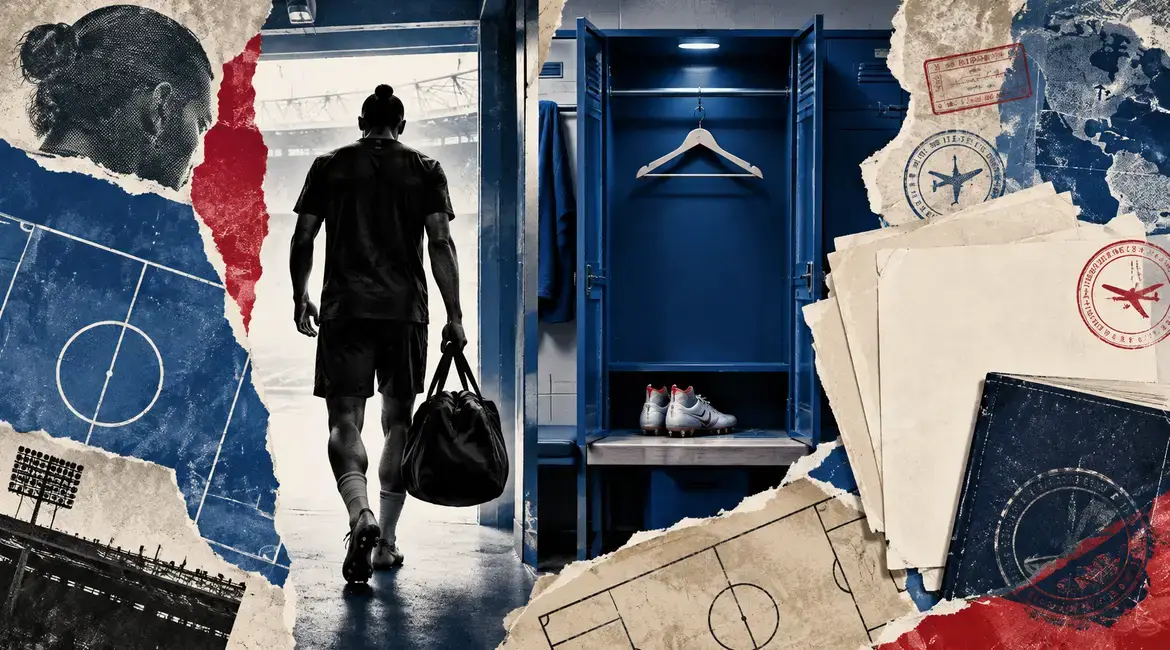 Editorial collage of a footballer leaving a blue locker with a travel bag and transfer documents