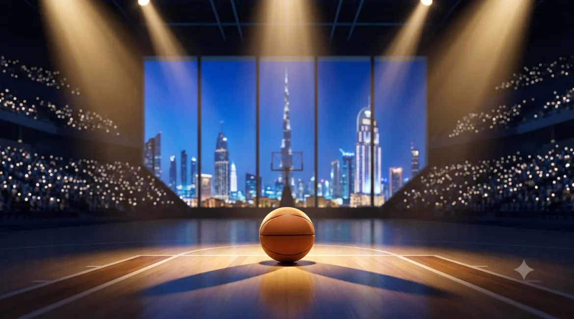 Dubai Basketball on an arena court with the Dubai skyline behind