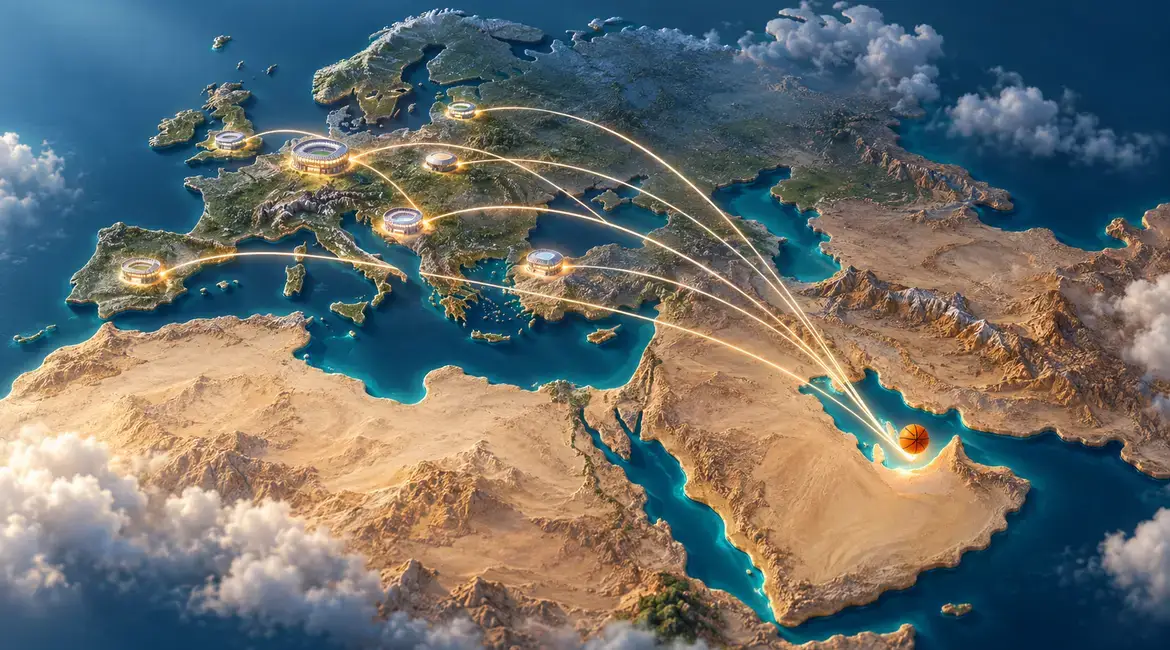 Stylised map connecting Dubai with European basketball destinations