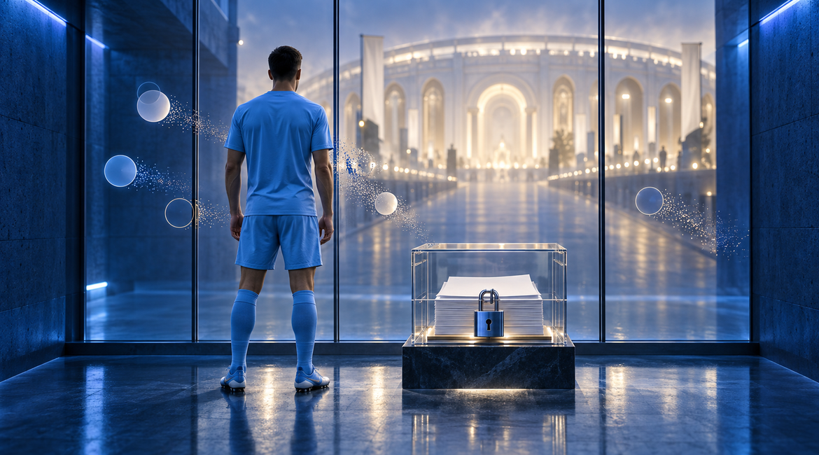 Anonymous striker facing a distant white stadium through a locked glass barrier