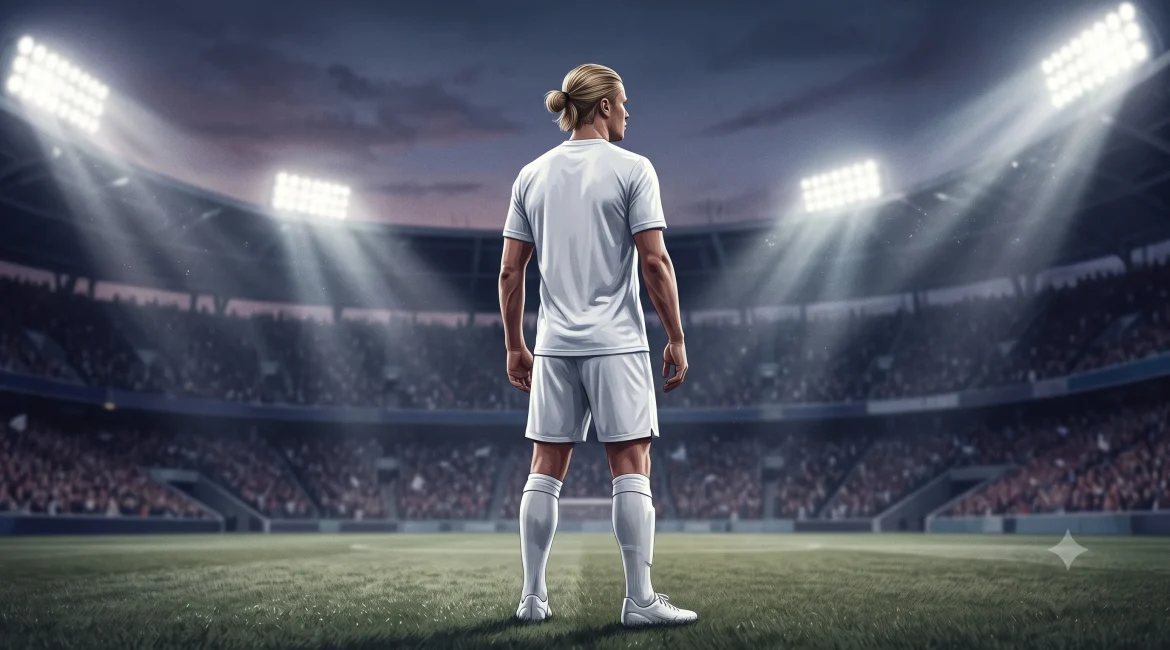 Haaland Real Madrid transfer rumor, footballer in white kit at stadium
