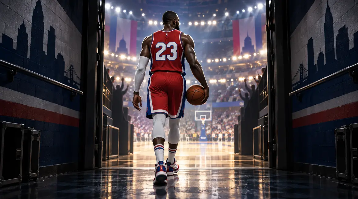 LeBron James in a number 23 Philadelphia-themed uniform walking towards a basketball court