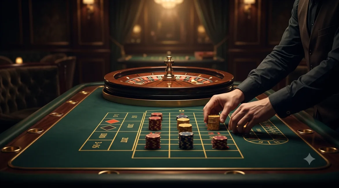 live casino roulette table with chips and a dealer's hands