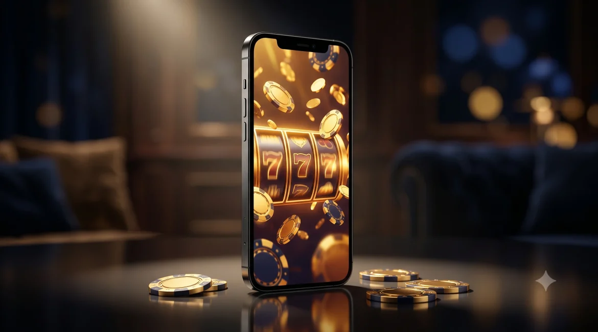 mobile casino on a smartphone screen with slot reels and chips