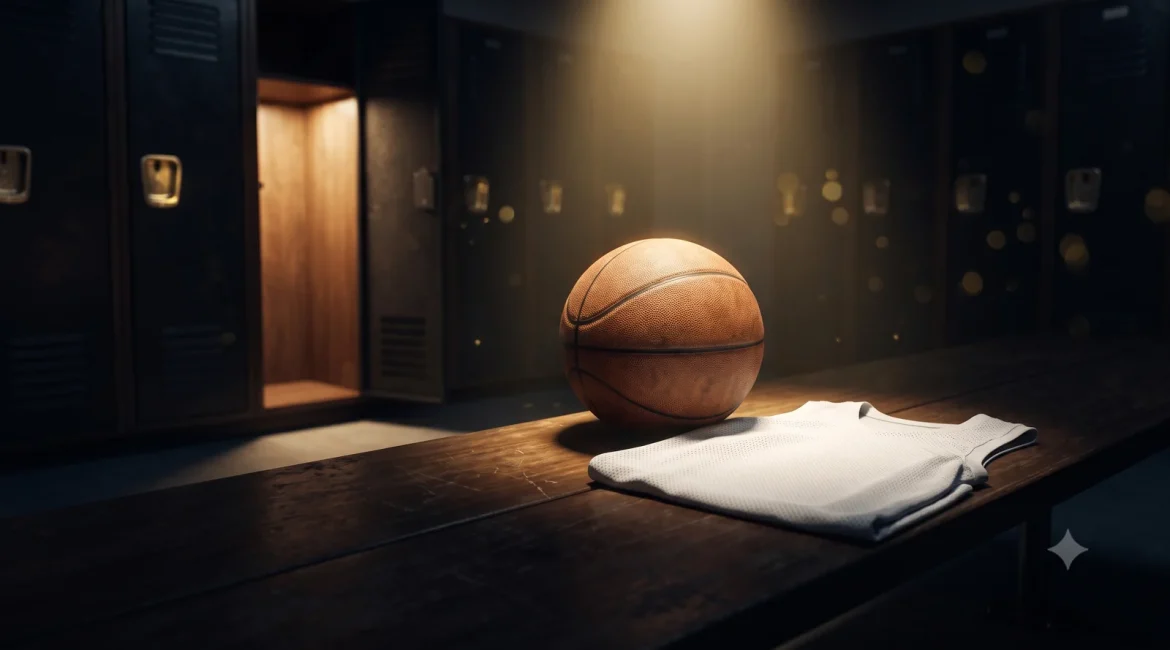 NBA offseason basketball and a folded jersey in a locker room