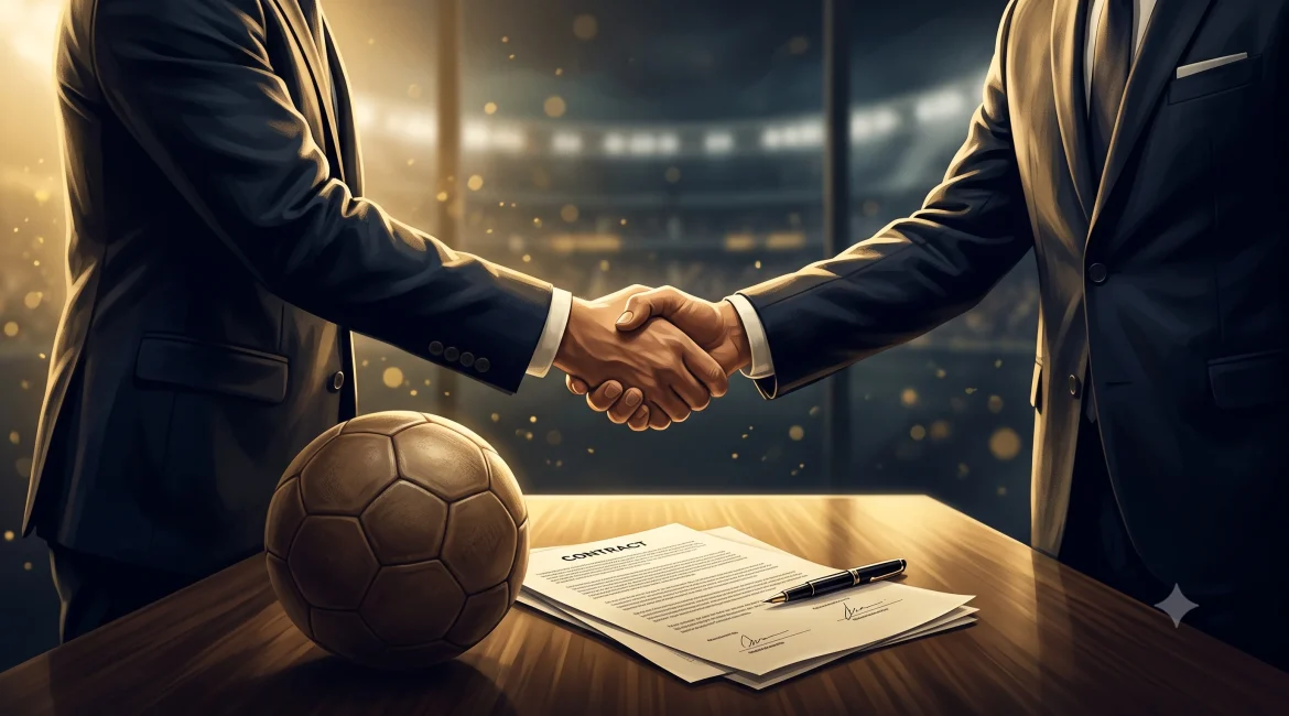 summer transfer market handshake over a football contract deal