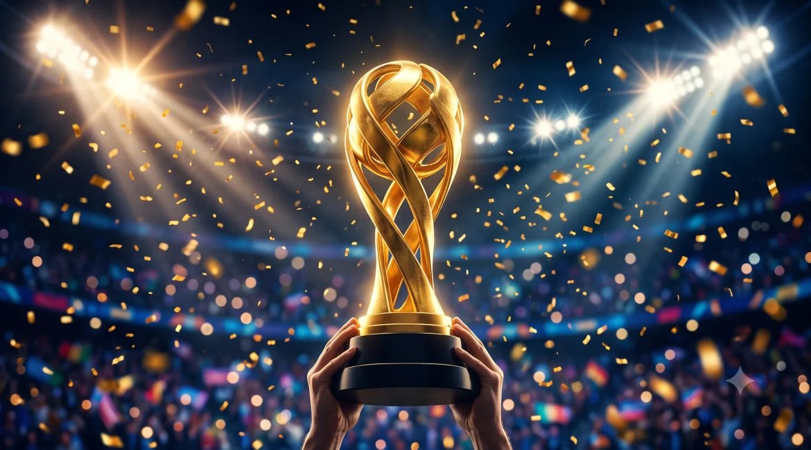 2026 World Cup golden trophy lifted amid stadium lights and confetti
