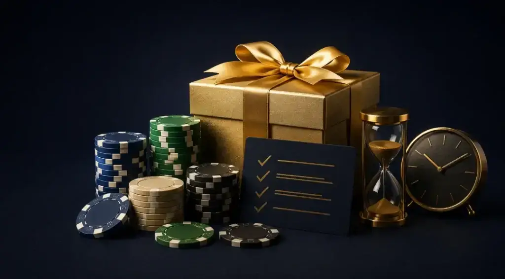 Gold casino chips, a gift box and a terms card representing casino bonus conditions