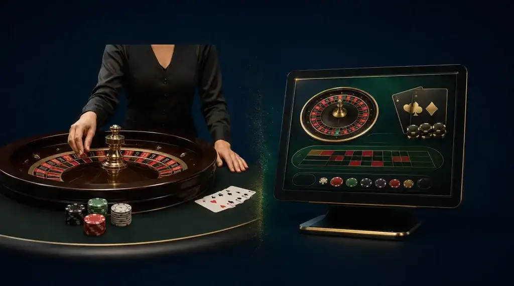 Live dealer at a physical roulette table beside an automated digital casino game interface