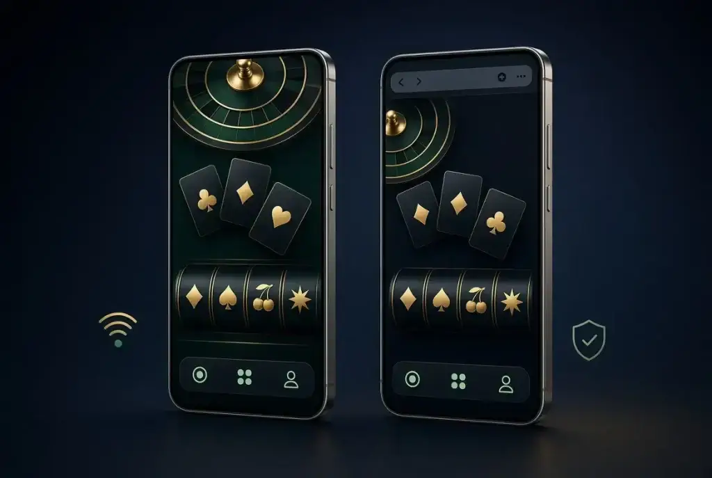 Two smartphones showing mobile casino access through an app and a web browser