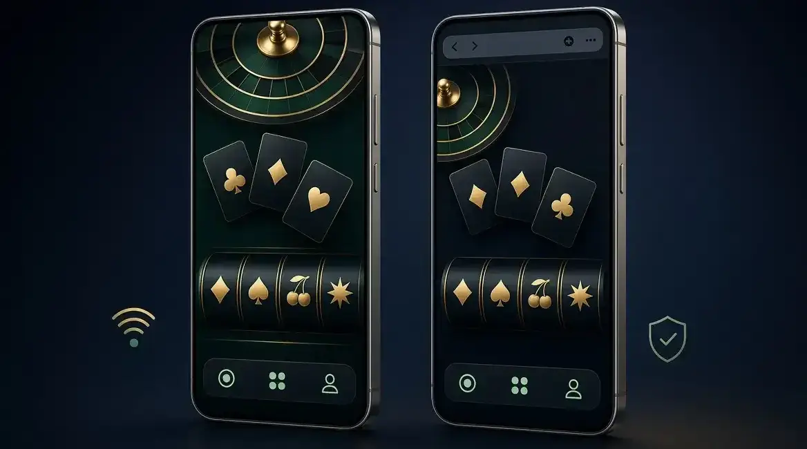 Two smartphones showing mobile casino access through an app and a web browser